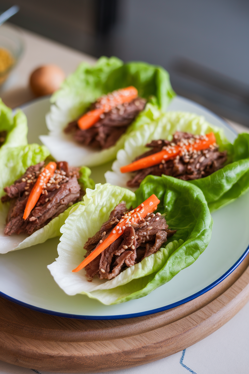 Indoor plate with butter lettuce leaves filled with shredded beef, carrot matchsticks, and sesame seeds. No text or logos; photo only.
