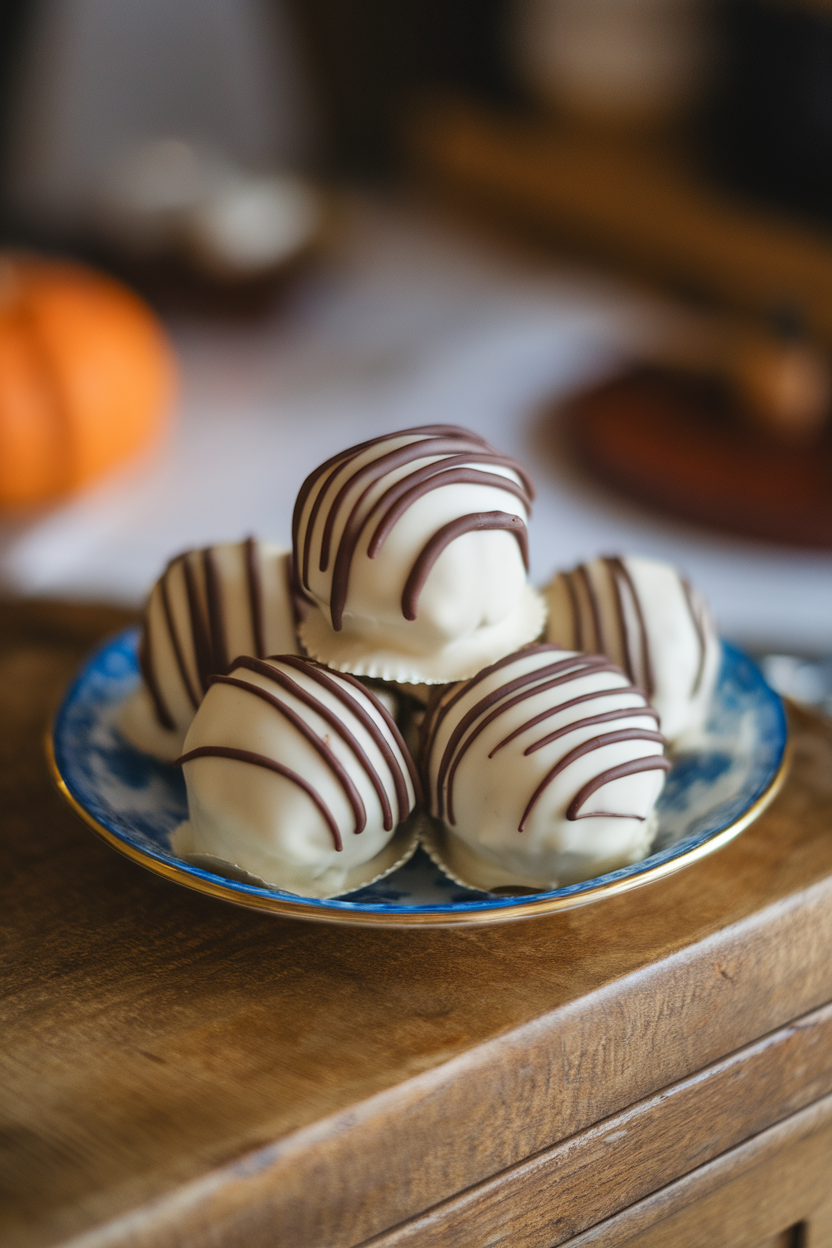 A small indoor plate of pumpkin cheesecake truffles coated in white chocolate, drizzle of dark chocolate on top. No text or logos. Photo.