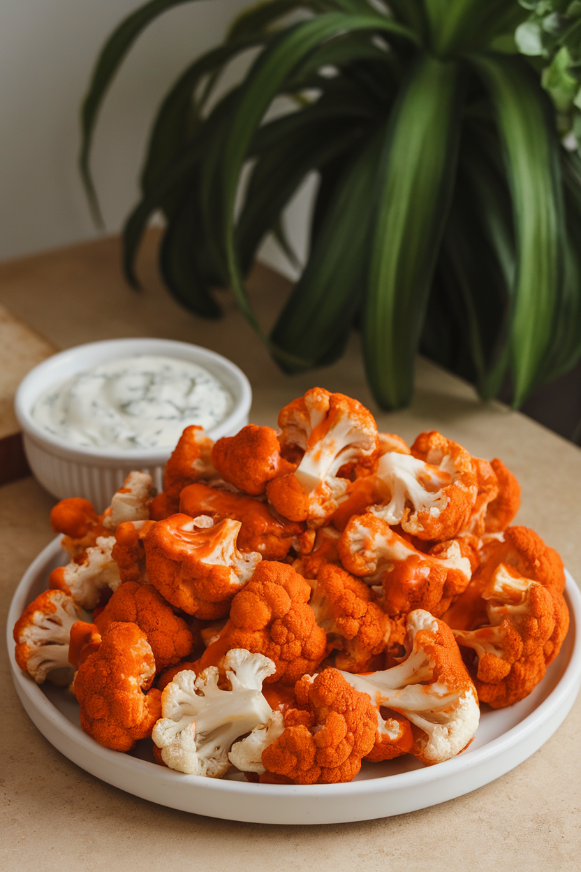 An indoor platter filled with baked buffalo-sauced cauliflower florets, side of ranch dip, no logos.