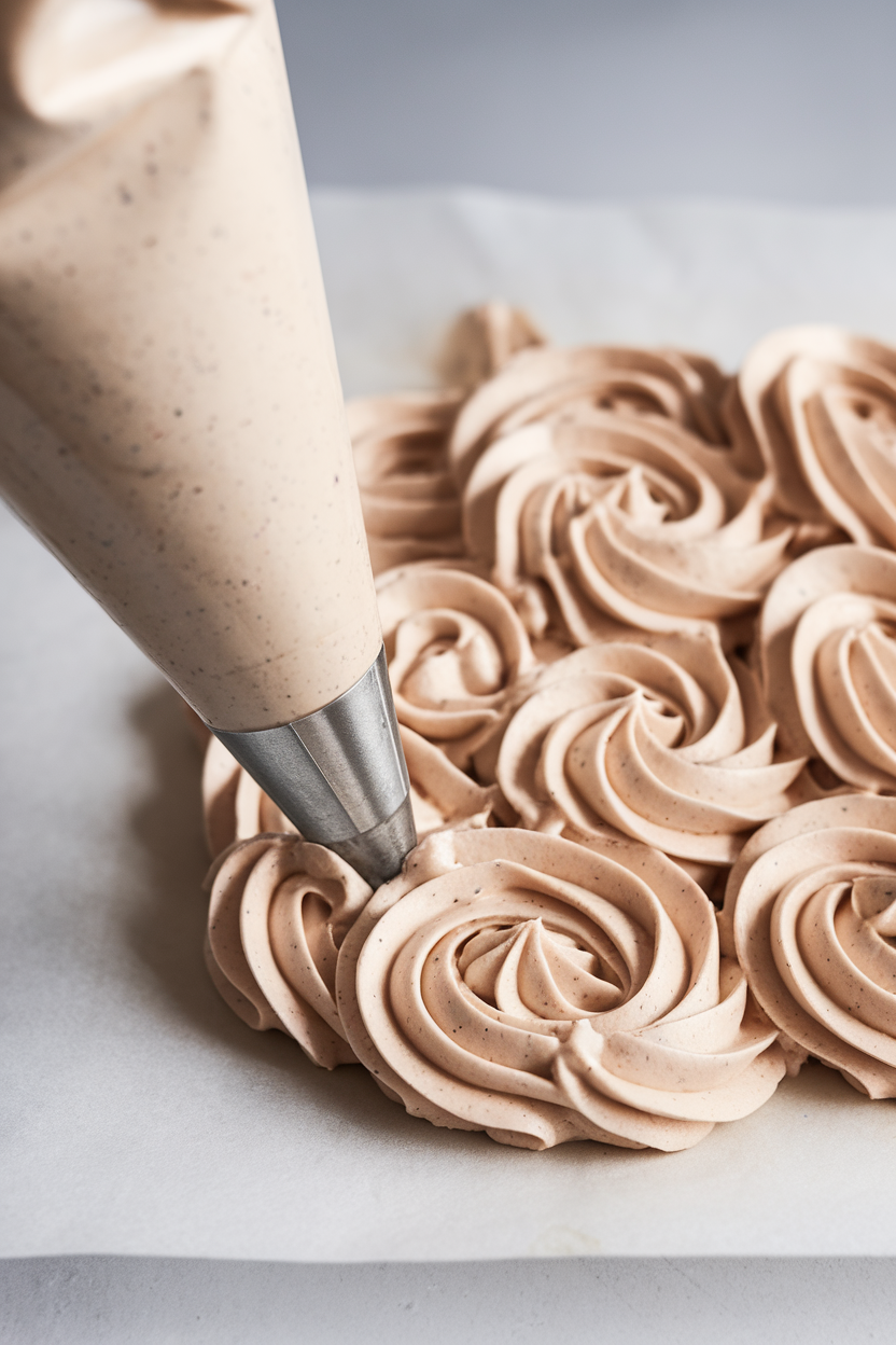 Indoor photo of piping bag filled with speckled chai buttercream forming rosettes on parchment, no text or logos