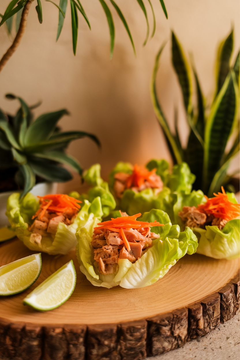 Indoor photo of small butter lettuce cups filled with ginger-garlic turkey and shredded carrots, lime wedges nearby, no text or logos.