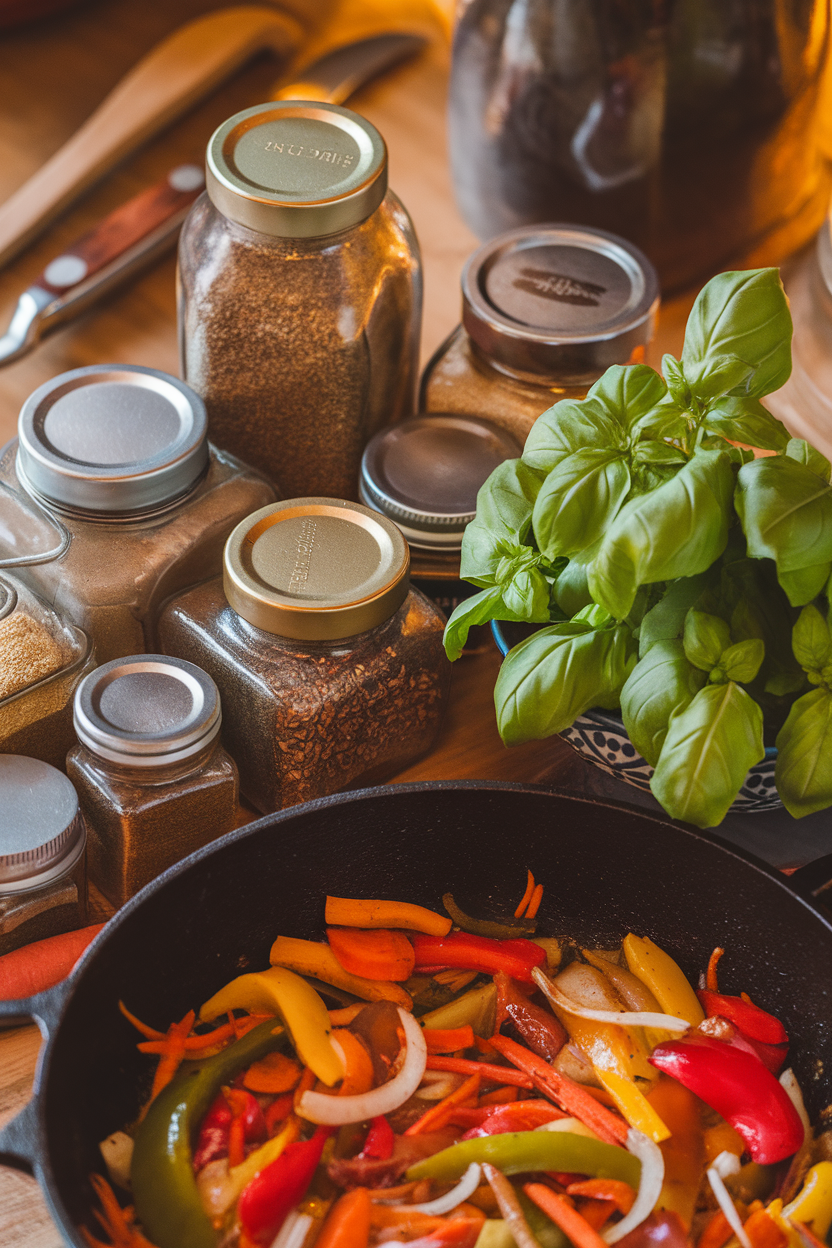 Photo of indoor spice jars and fresh basil surrounding a steaming vegetable stir-fry in a skillet, no text or logos.