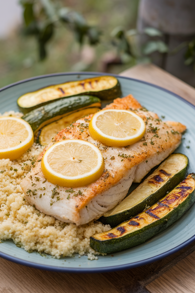 Indoor photo of baked tilapia with lemon rounds, couscous, and roasted zucchini spears on a plate. No text or logos.