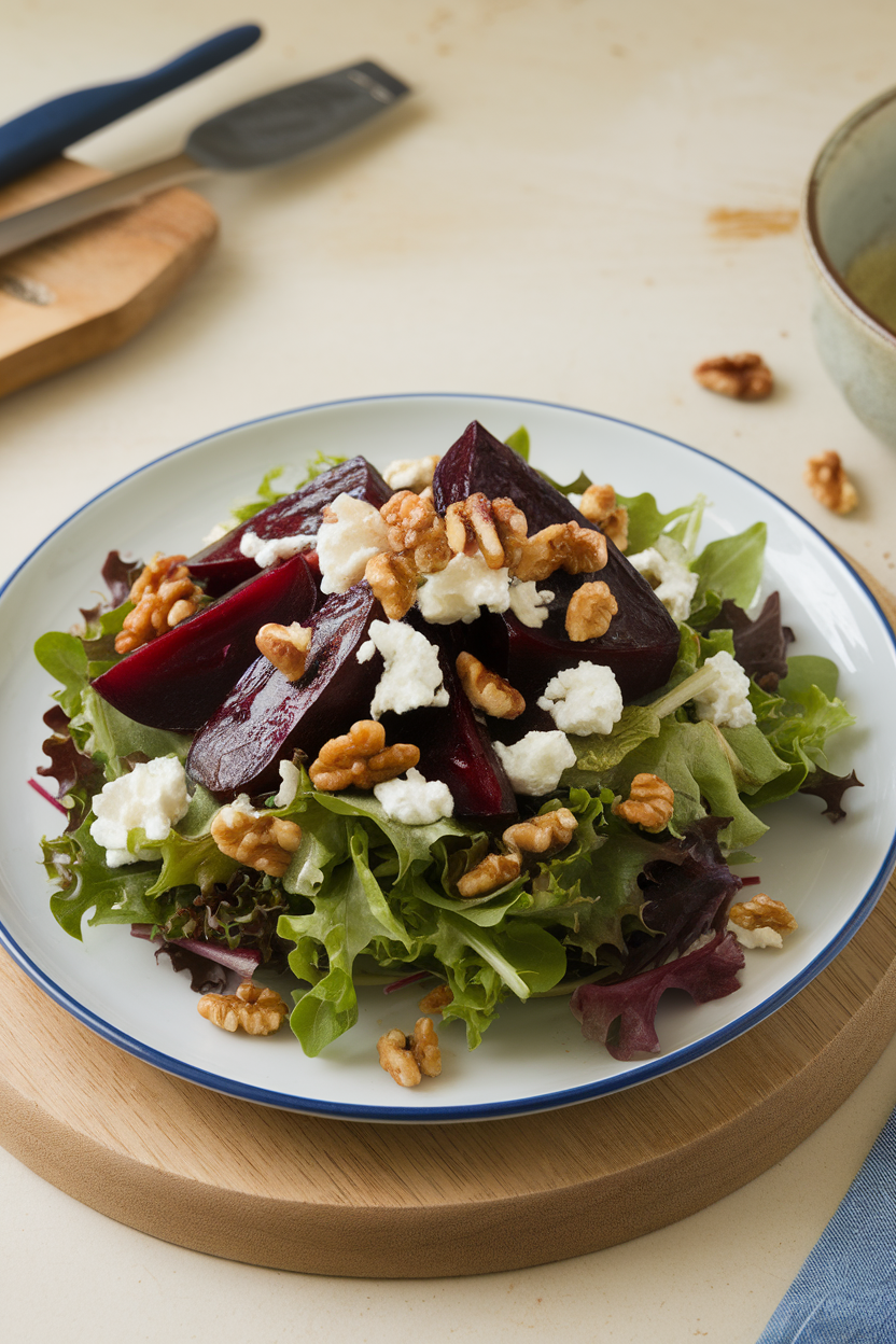 Indoor plate of mixed greens topped with roasted beet wedges, crumbled goat cheese, and toasted walnuts, light vinaigrette glistening. No logos or text.