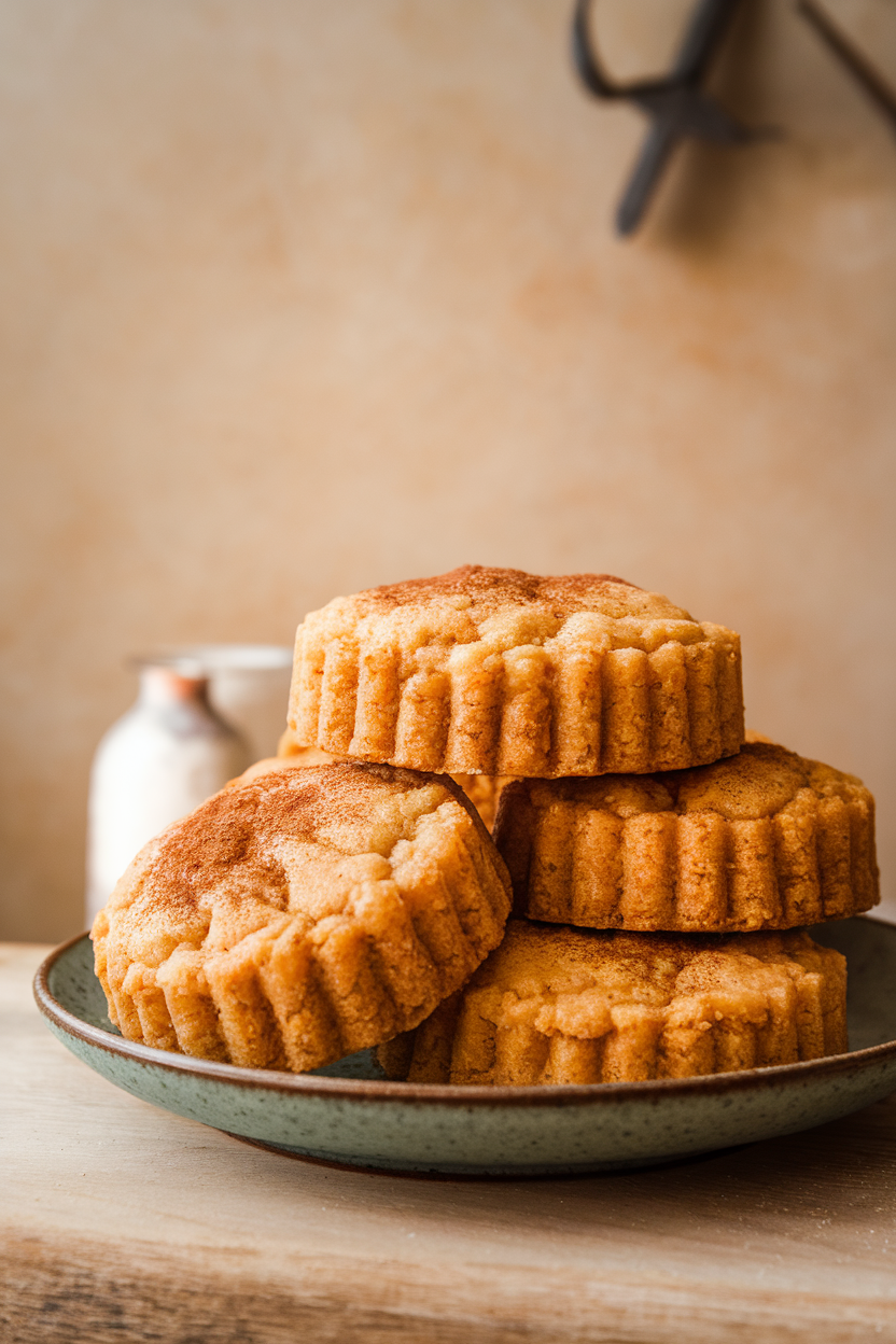 Photo prompt: Cornmeal cookie cakes with a golden hue stacked on an indoor plate, no branding.