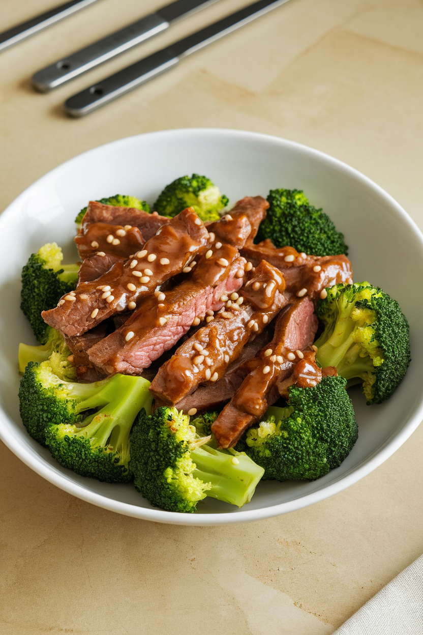 A white bowl on an indoor table containing cooked beef strips and bright broccoli florets coated in a glossy sesame-ginger sauce. No text or logos. Photo only.