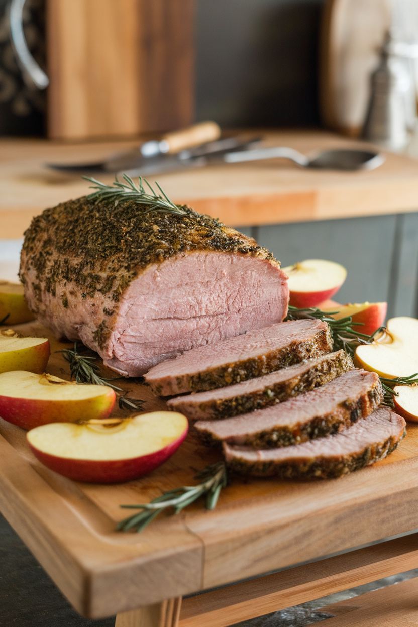Photo of sliced pork tenderloin with herb crust, roasted apple wedges alongside, indoor carving board. No text or logos.</Prompt