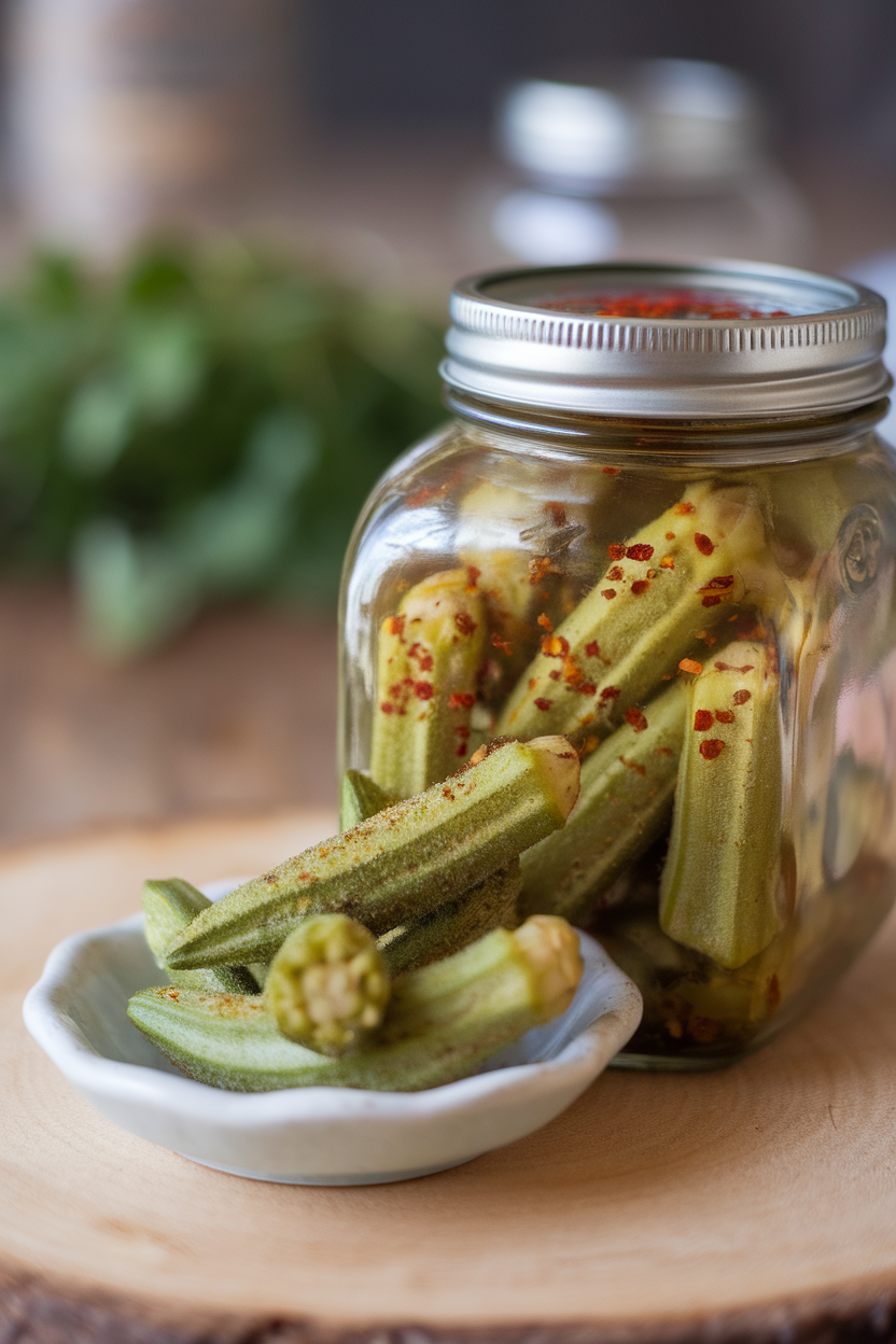 Indoor jar spilling out pickled okra pods flecked with red chili flakes onto a small dish. Photo only, no text or logos.