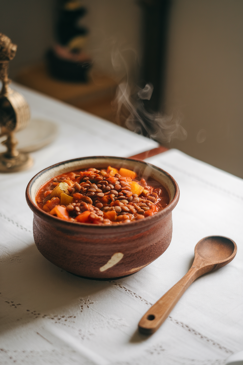 An indoor dining table featuring a lentil and vegetable stew steaming in a ceramic bowl; no text or logos; photo
