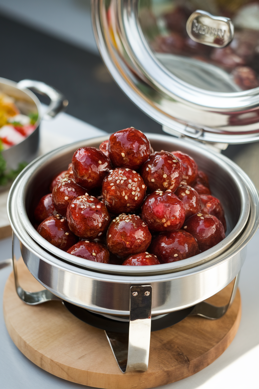 Indoor chafing dish filled with cocktail-sized meatballs lacquered in a glossy pomegranate glaze, garnished with sesame seeds; soft overhead lighting, no text or logos