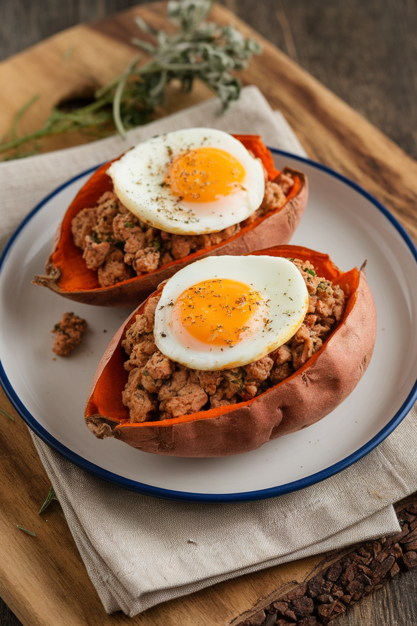 Indoor plate of halved baked sweet potato stuffed with ground turkey mixture and topped with a baked egg. No text or logos.