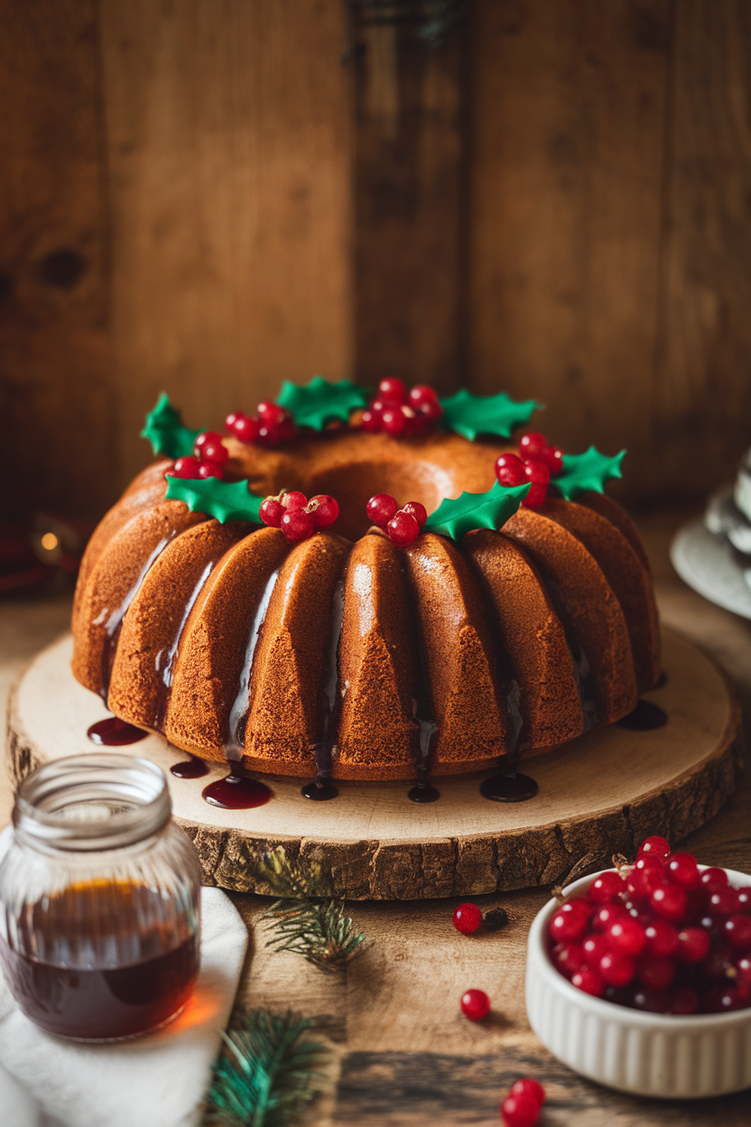 Traditional bundt cake indoors glazed with brandy sauce, topped with holly-leaf fondant and red currants. Warm lighting, photo realism, no text.
