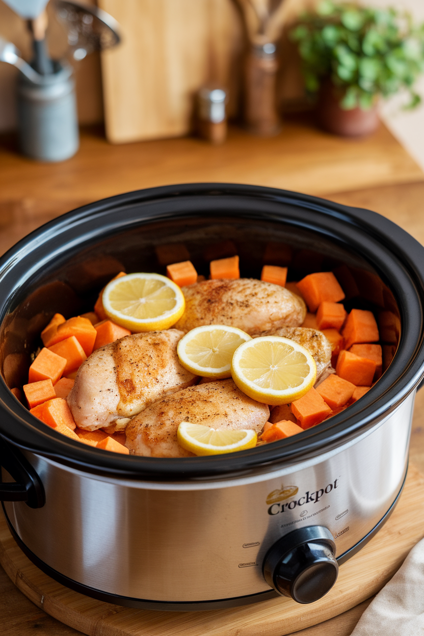 Indoor photo of a crockpot insert filled with cooked chicken breasts, lemon slices, and cubed sweet potatoes glistening with herbs and garlic. Warm kitchen lighting, no text or logos visible.