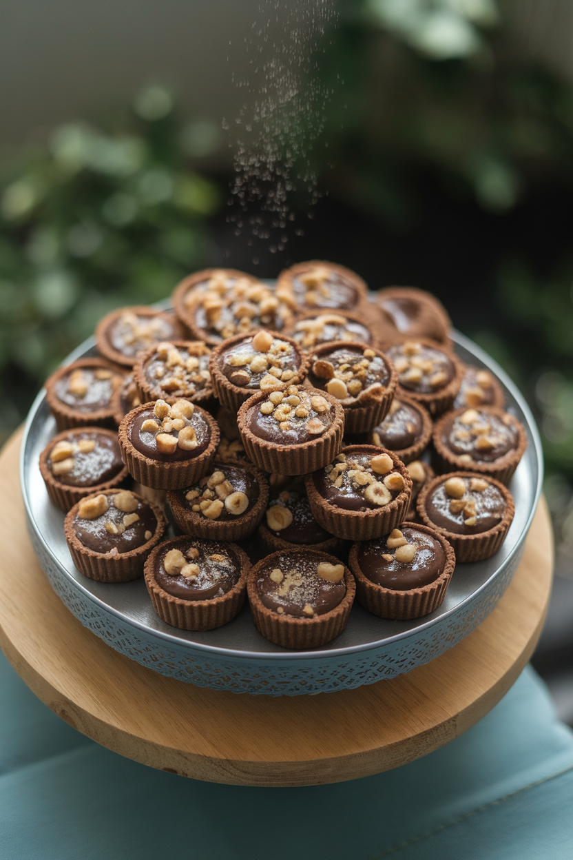 An indoor dessert tray of small chocolate tartlets with glossy ganache filling, topped with crushed hazelnuts, soft overhead lighting. No text or logos anywhere.