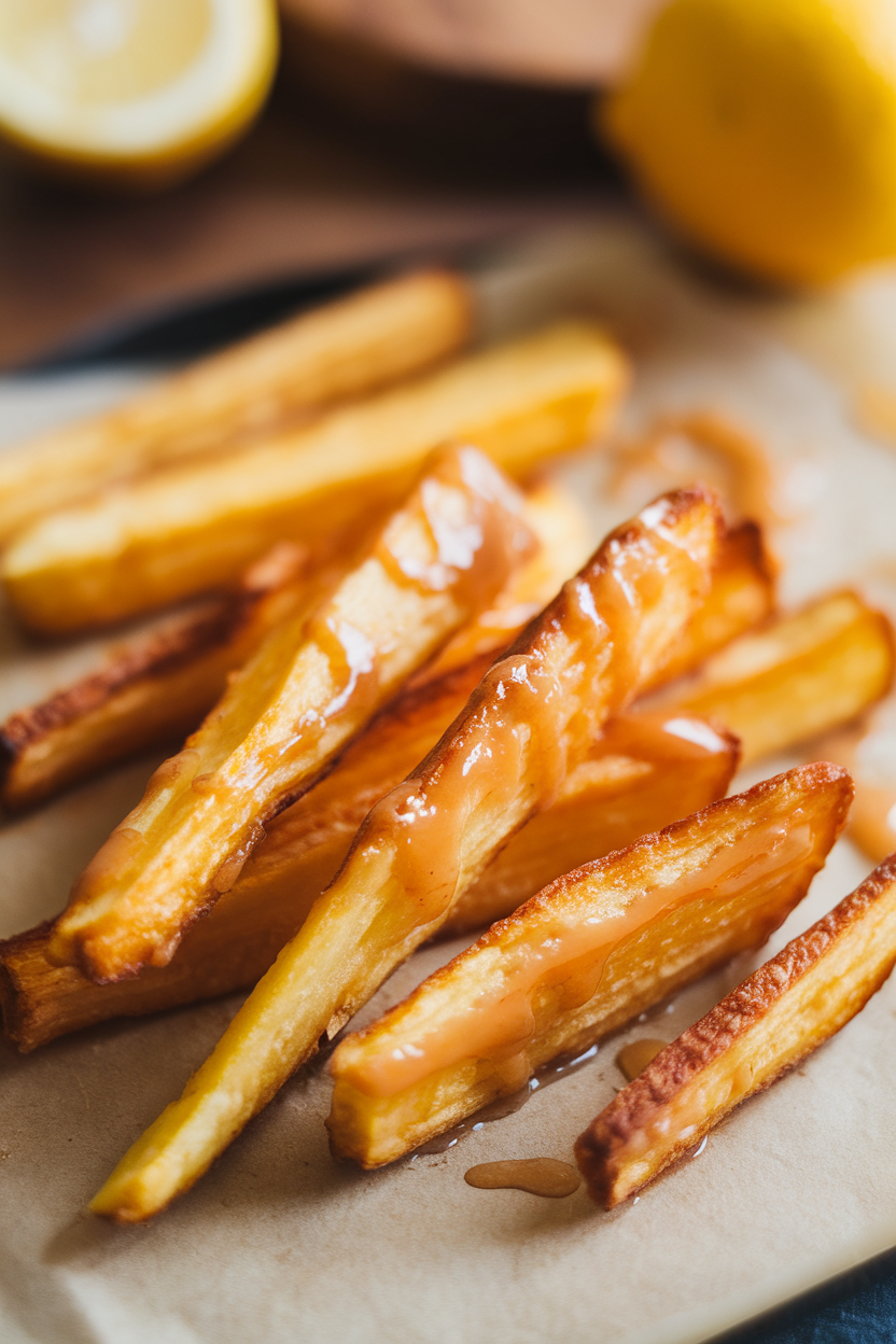 Indoor close-up of golden roasted parsnip fries piled on parchment, light maple glaze sheen. No text or logos.