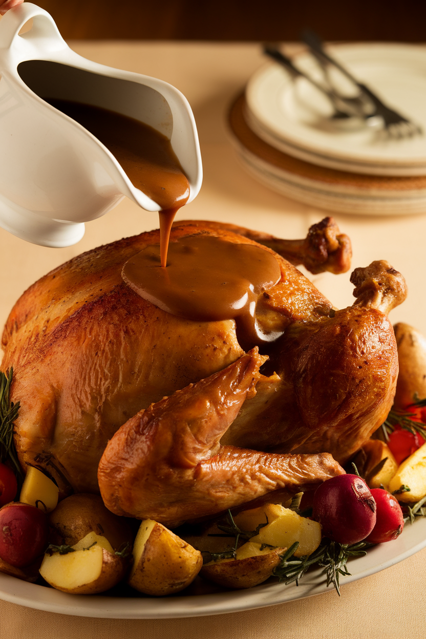 Indoor photo of a white gravy boat pouring rich brown turkey gravy, no text or logos.