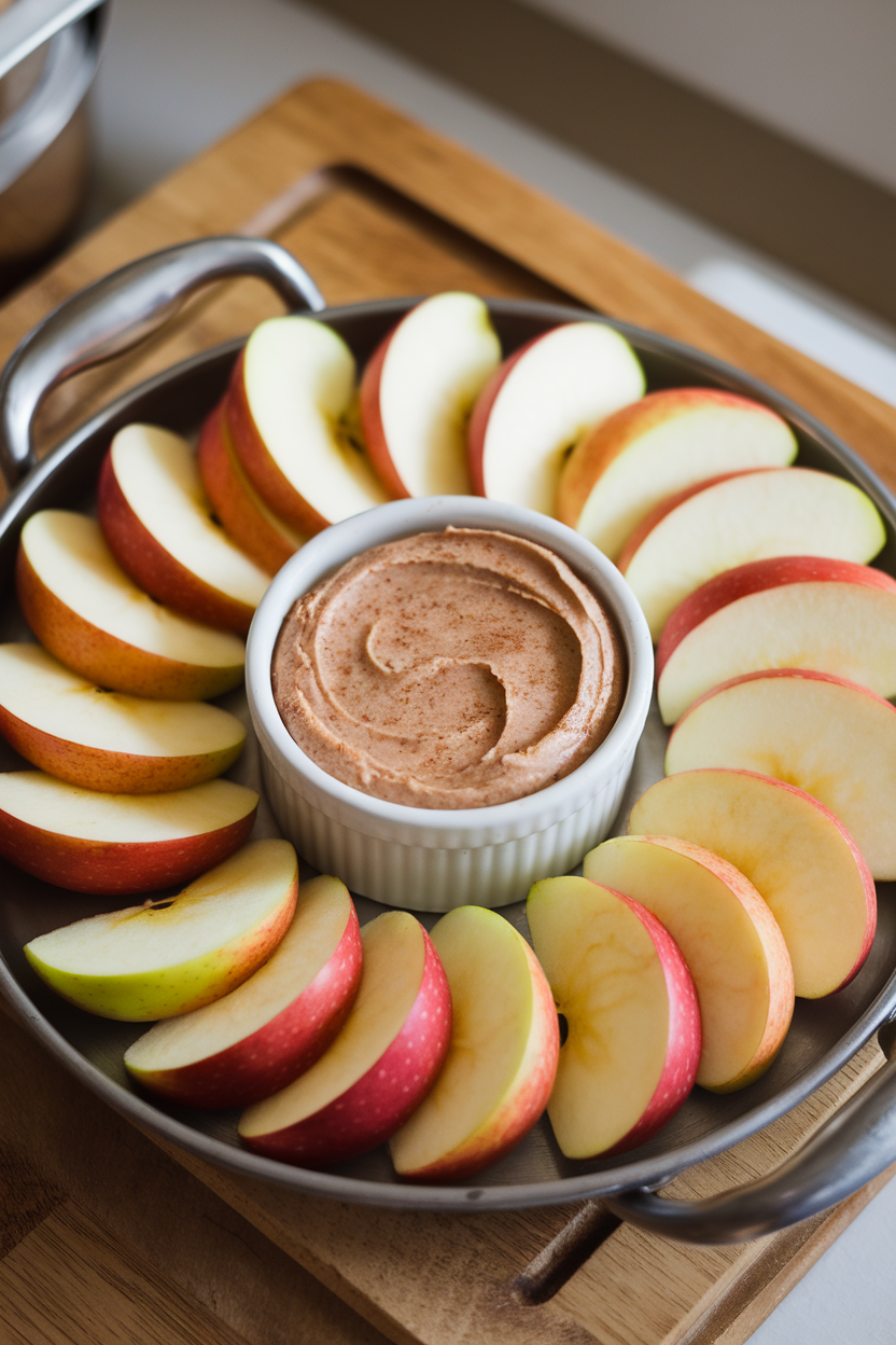 Photo of fresh apple wedges circling a ramekin of cinnamon-speckled almond butter on an indoor tray. No text or logos.