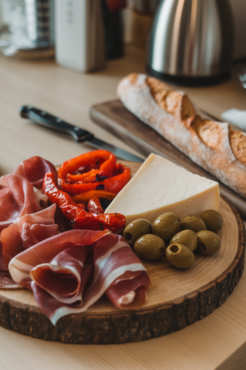 Indoor kitchen counter with a wooden board of prosciutto, soppressata, provolone, roasted peppers, and marinated olives; no visible logos.
