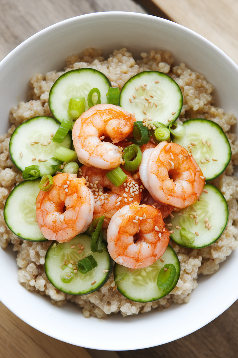 Indoor photo of cooked quinoa topped with sautéed sriracha shrimp, cucumber rounds, and chopped scallions, garnished with sesame seeds. Overhead lighting, no text or logos.