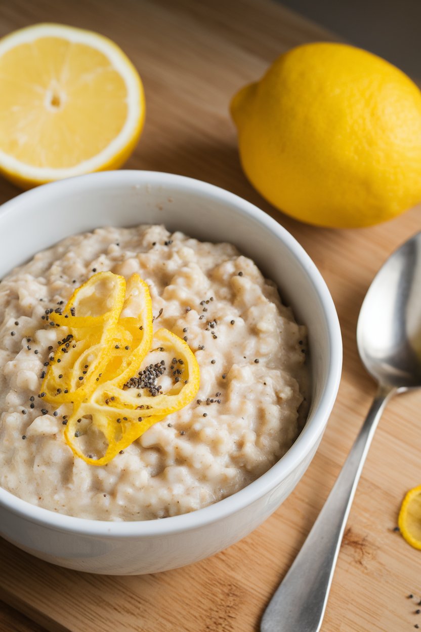 Indoor breakfast scene showing oatmeal brightened with lemon zest and sprinkled with poppy seeds. No text or logos. Photo.