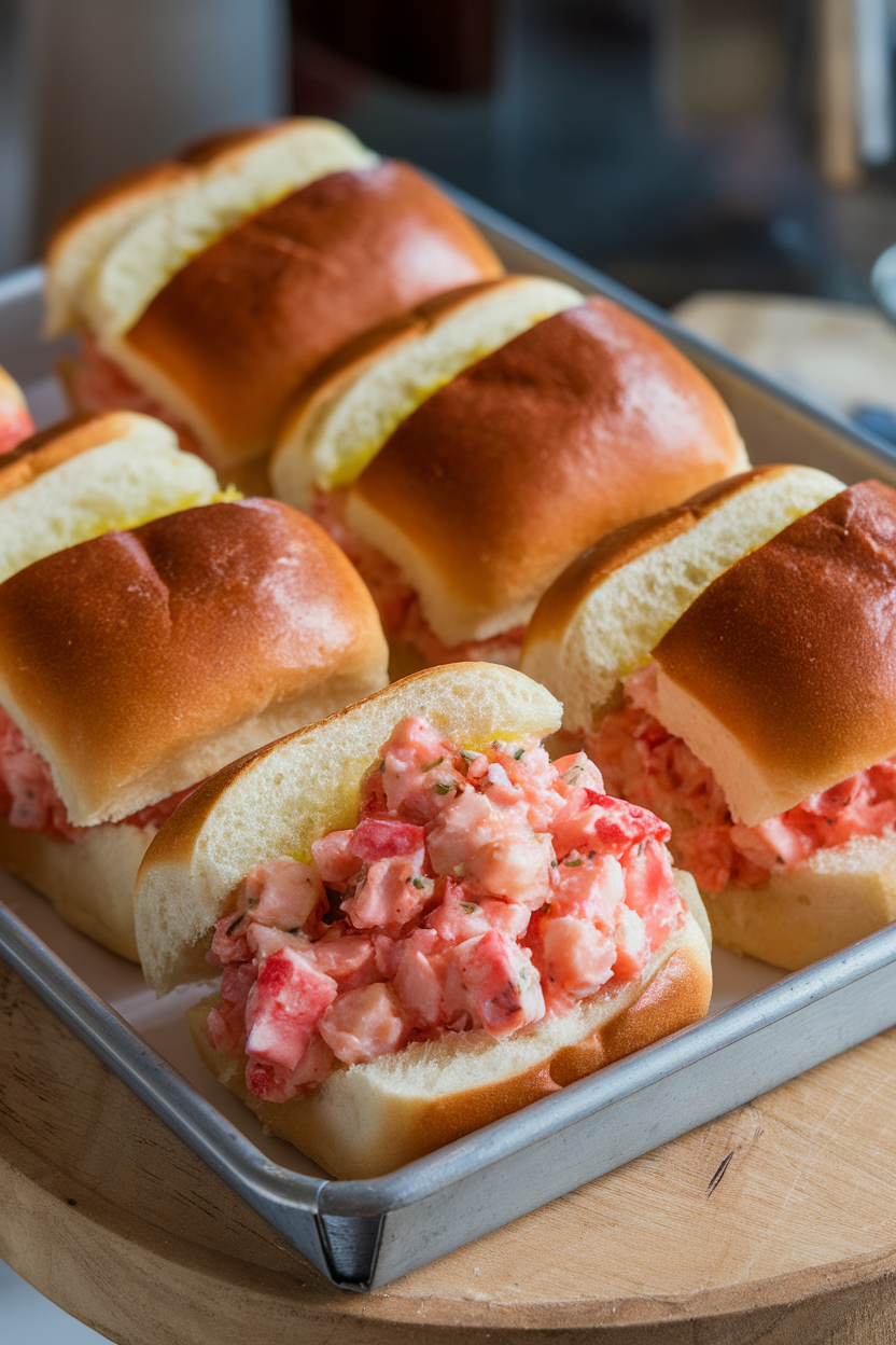 Photo indoors of a tray of small split-top buns filled with cooked lobster salad, butter-brushed tops glistening. No text or logos present.