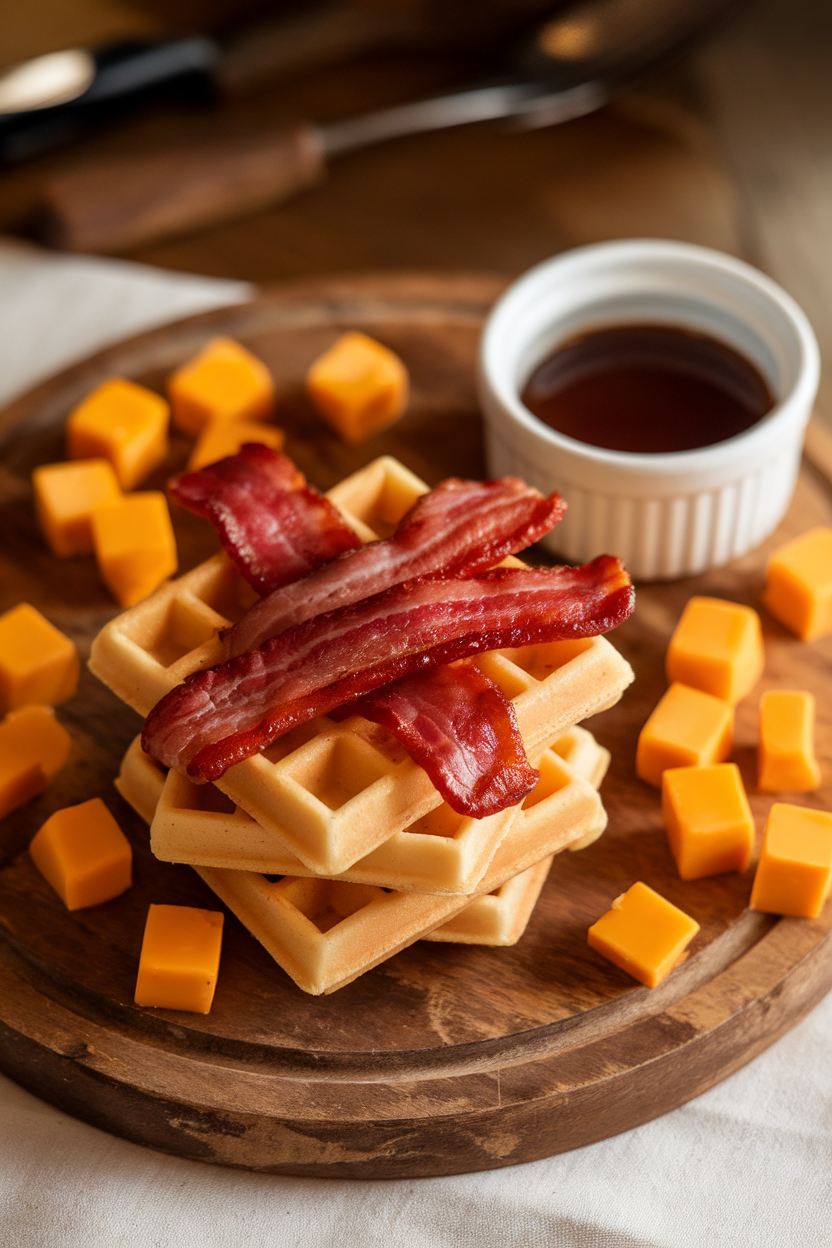 Warmly lit photo of a wooden board with mini waffles, cooked bacon strips, cheddar cubes, and maple syrup in a ramekin; no text or logos anywhere.