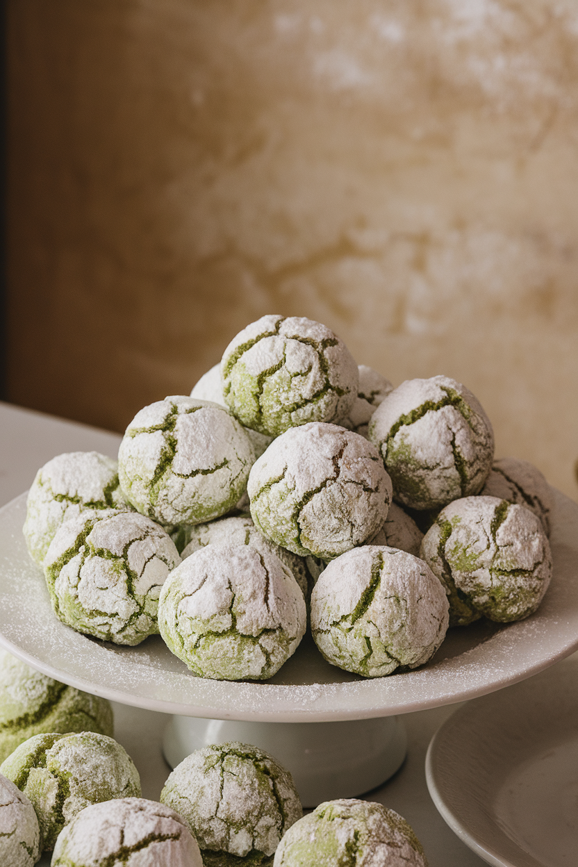 Round green-tinted snowball cookies coated in powdered sugar, displayed indoors on a white plate, no text or logos.