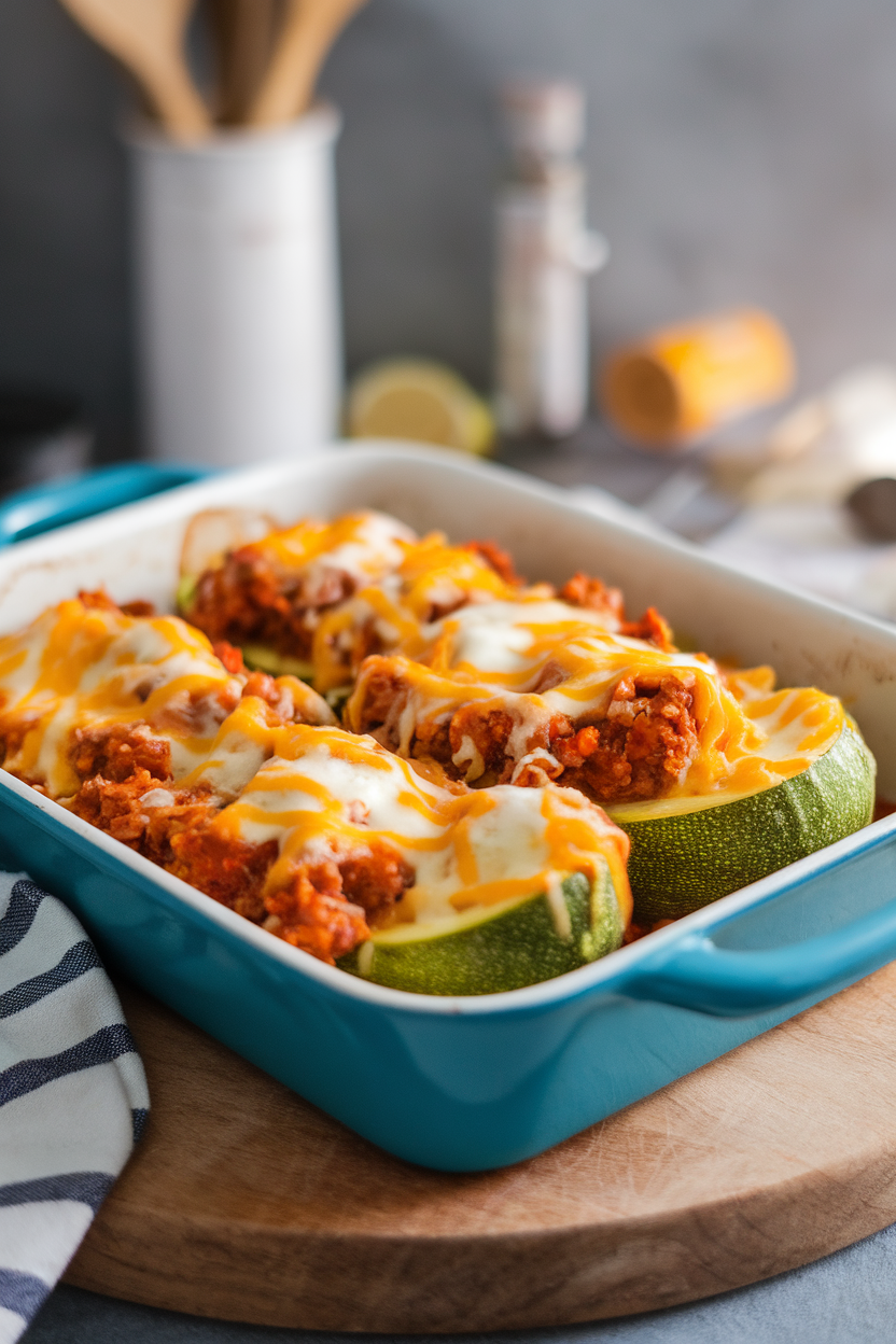 An indoor baking dish with halved zucchini filled with hearty turkey chili, melted cheese lightly browned on top. No text or logos anywhere.
