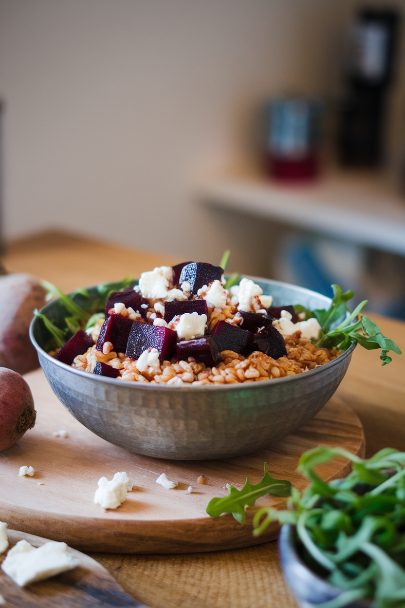 An indoor dining table featuring a bowl of farro tossed with roasted beet cubes, crumbled goat cheese, and arugula, drizzled with balsamic. No text or logos.