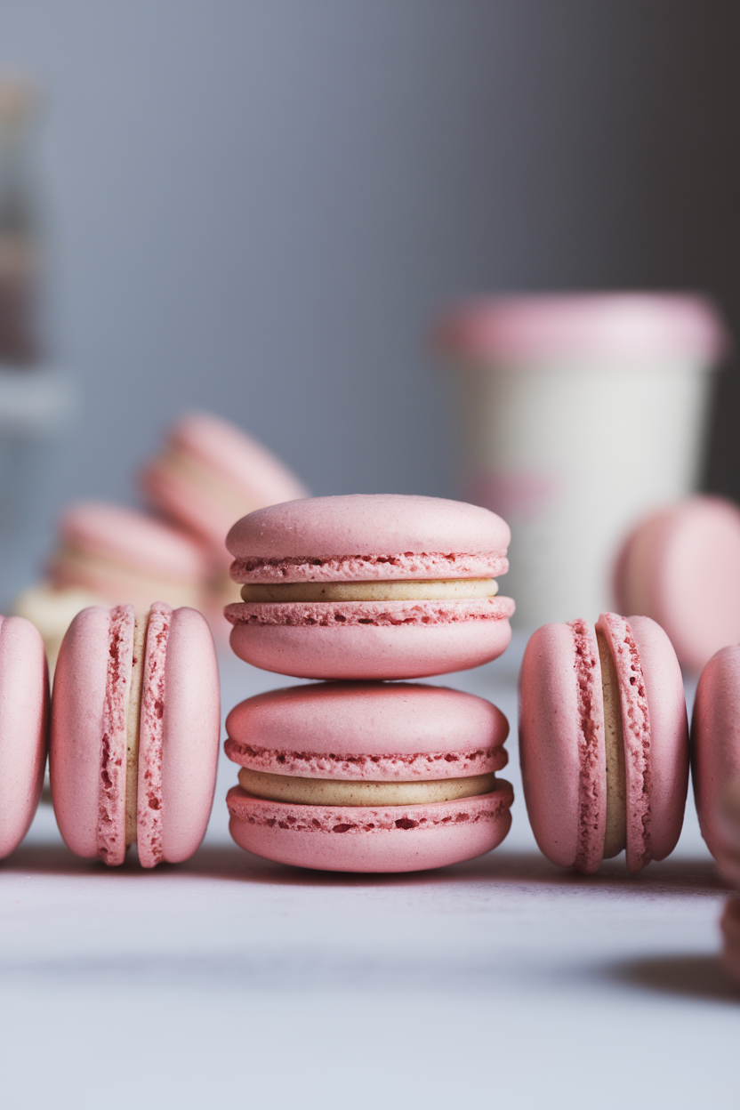 Indoor photo of pastel pink macarons filled with cardamom white chocolate ganache, arranged in a straight line, no text or logos