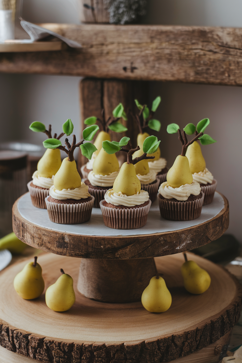 Photo of indoor rustic platter with cupcakes topped by miniature marzipan pears and chocolate pear tree branches, no text or logos.