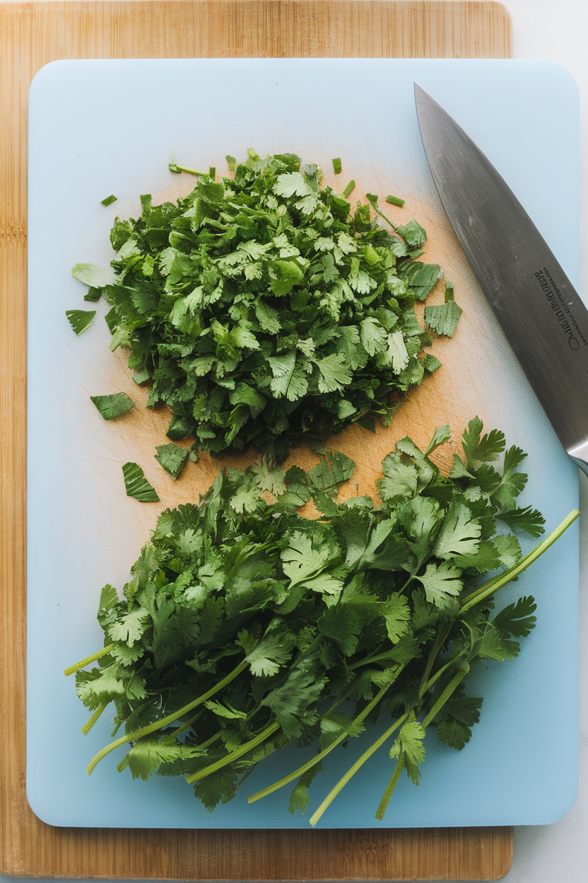 Indoor cutting board with chopped cilantro leaves beside whole sprigs, bright overhead light; no text or logos. Photo.
