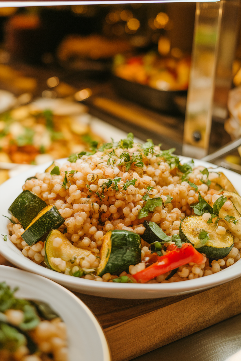 A warmly lit indoor buffet dish brimming with pearl barley, roasted zucchini and peppers, and chopped herbs. No logos or text; photo only.
