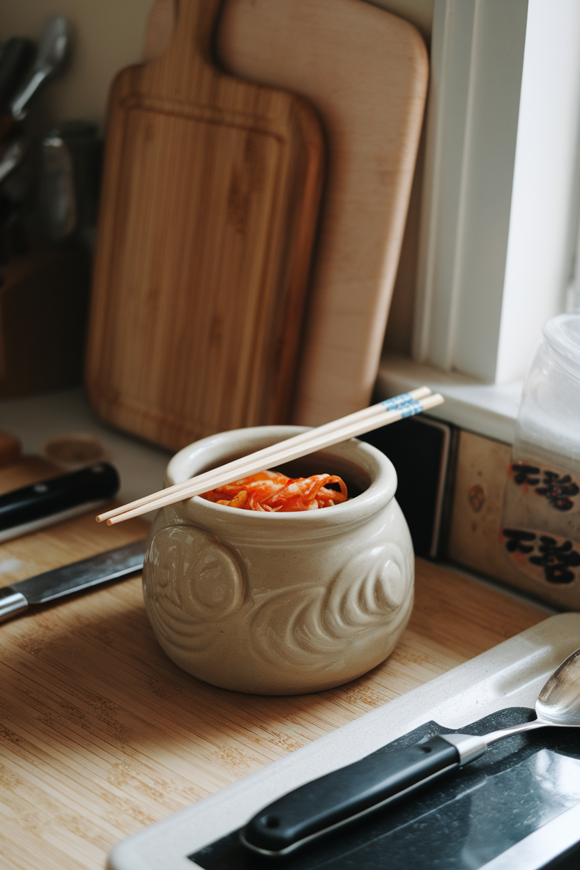 Photo, indoor kitchen counter featuring a small ceramic crock of kimchi with chopsticks resting atop, no logos.