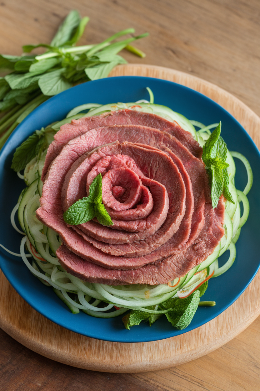 Indoor plate with thin lemongrass-marinated beef slices over a bed of cucumber noodles and herbs. No logos; photo.