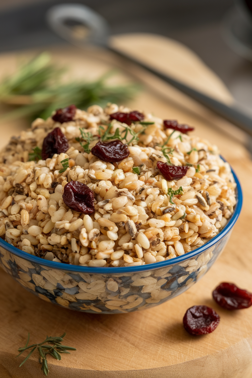 An indoor serving bowl of multi-grain pilaf dotted with dried cherries and herbs, photo, no text or logos.