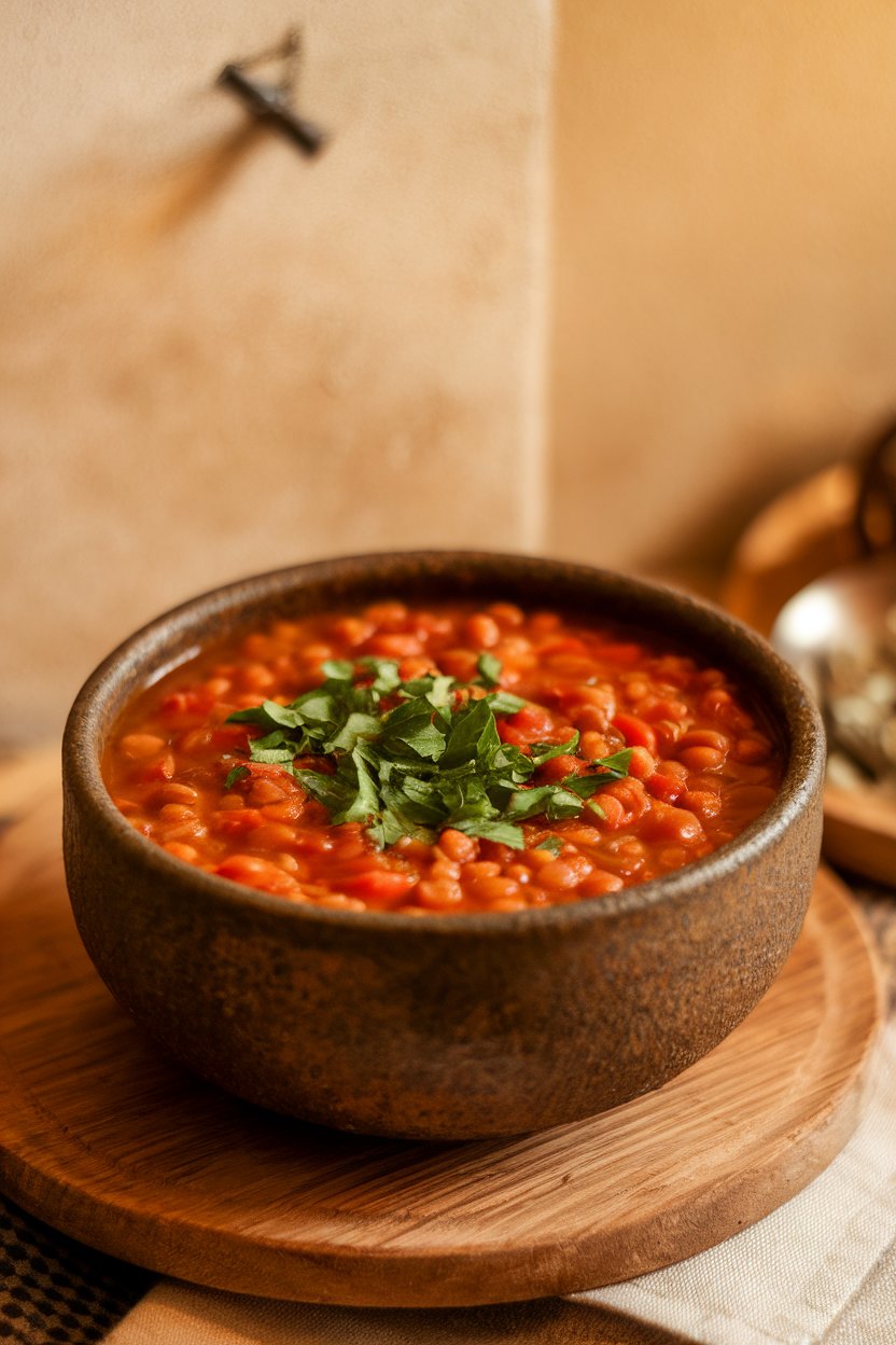 A rustic indoor soup bowl filled with hearty lentil and tomato soup, garnished with chopped parsley. No visible text or logos.