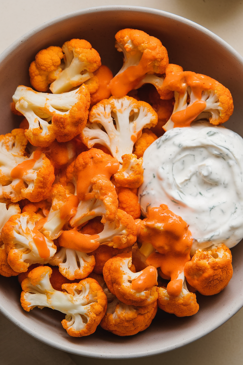 Indoor photo of roasted cauliflower florets coated in orange buffalo sauce, arranged in a shallow bowl with a yogurt-based ranch dip on the side. No logos or text.