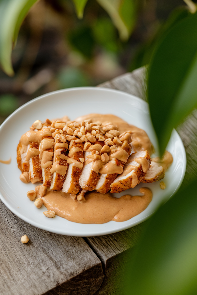 Indoor plate with sliced air-fried chicken breast drizzled in creamy peanut sauce and topped with chopped peanuts, photographed at 45-degree angle. No text or logos.