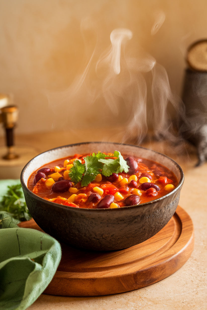 Photo of a steaming bowl of turkey chili with red beans, corn, and bell peppers, garnished with cilantro. Indoor setting, no text or logos.</Prompt