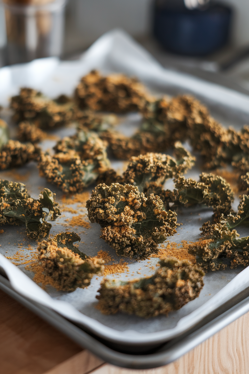 An indoor baking tray lined with crispy kale chips dusted in golden nutritional yeast, cooling on parchment. This should be a photo, not an illustration. No text or logos anywhere in the scene.