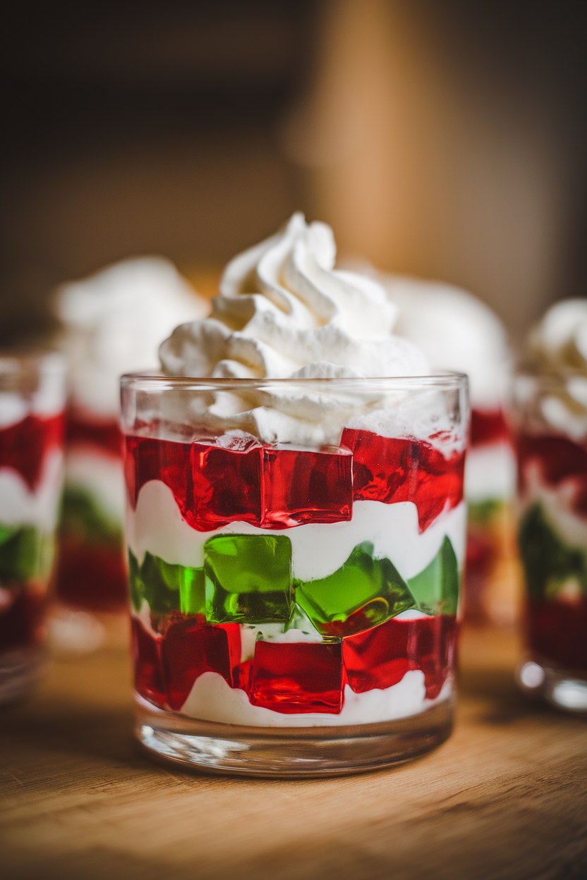 Clear glasses layered with red and green gelatin cubes, whipped cream topping, indoor lighting, no text or logos.</Prompt