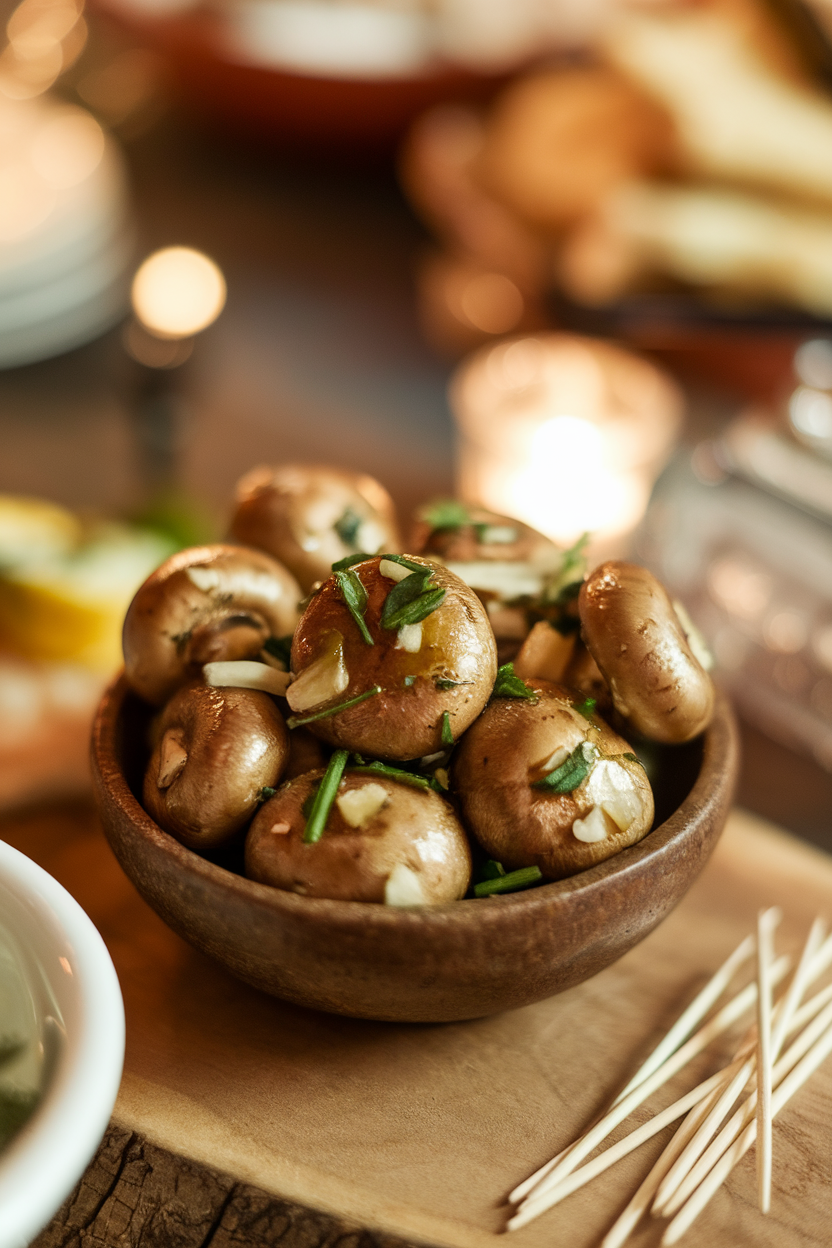 An indoor appetizer bowl of marinated button mushrooms glistening with olive oil, garlic slivers, and fresh herbs. This should be a photo, not an illustration. No text or logos anywhere in the scene.