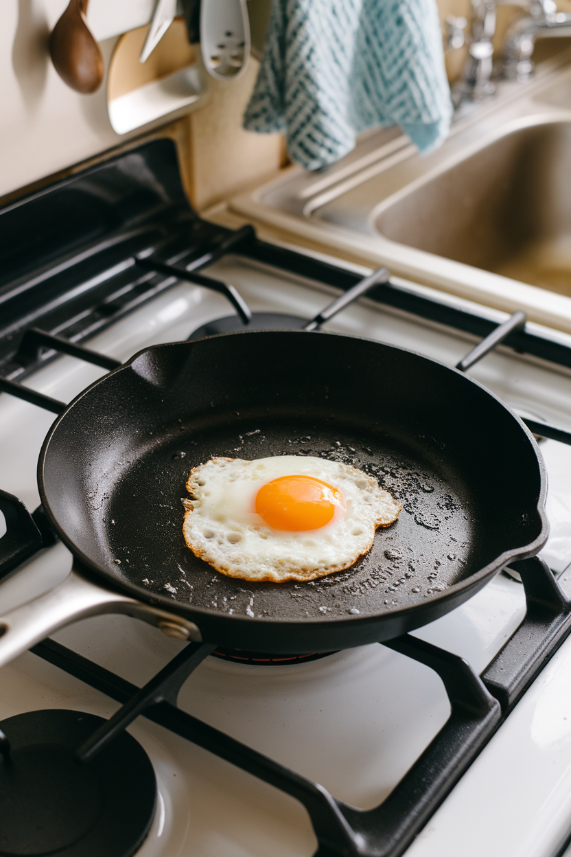 An indoor stovetop with a non-stick skillet cooking an egg using minimal oil—photo, no brand names or logos.