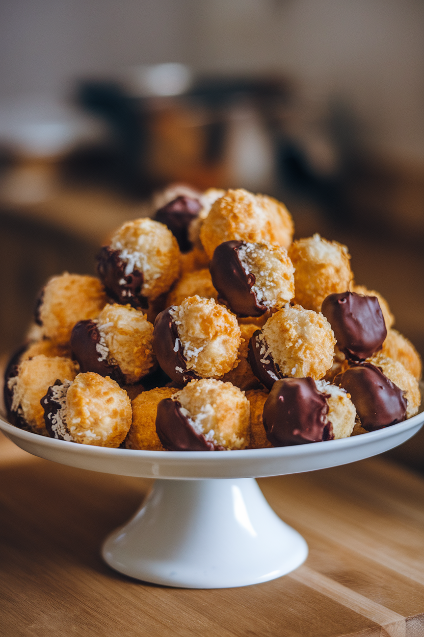 An indoor plate with golden coconut macaroons, some half-dipped in dark chocolate. Photo, no text or logos.