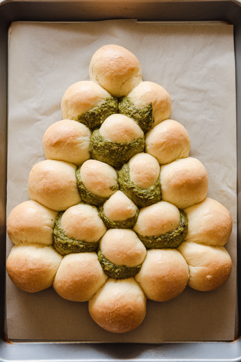 An indoor baking tray showcasing a pull-apart bread shaped like a Christmas tree, green pesto filling peeking between dough balls, no text or logos.