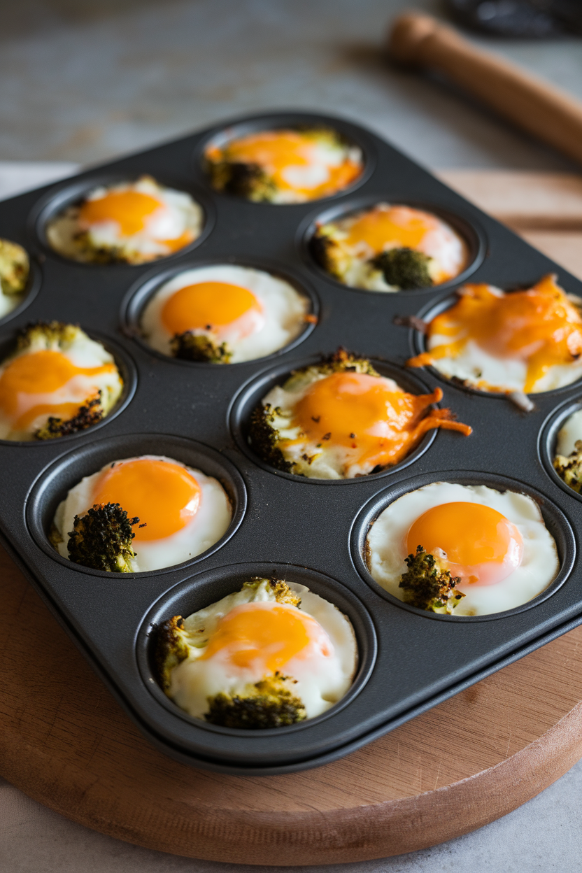An indoor muffin tin with mini egg muffins dotted with broccoli florets and melted cheddar. Photo, no text or logos.