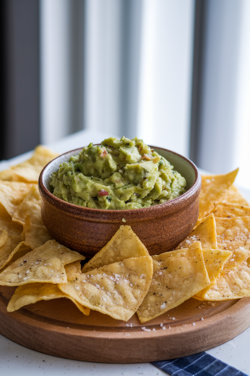 Photo of an indoor ceramic bowl of chunky guacamole surrounded by freshly baked tortilla chips lightly salted; bright indoor light, no text or logos