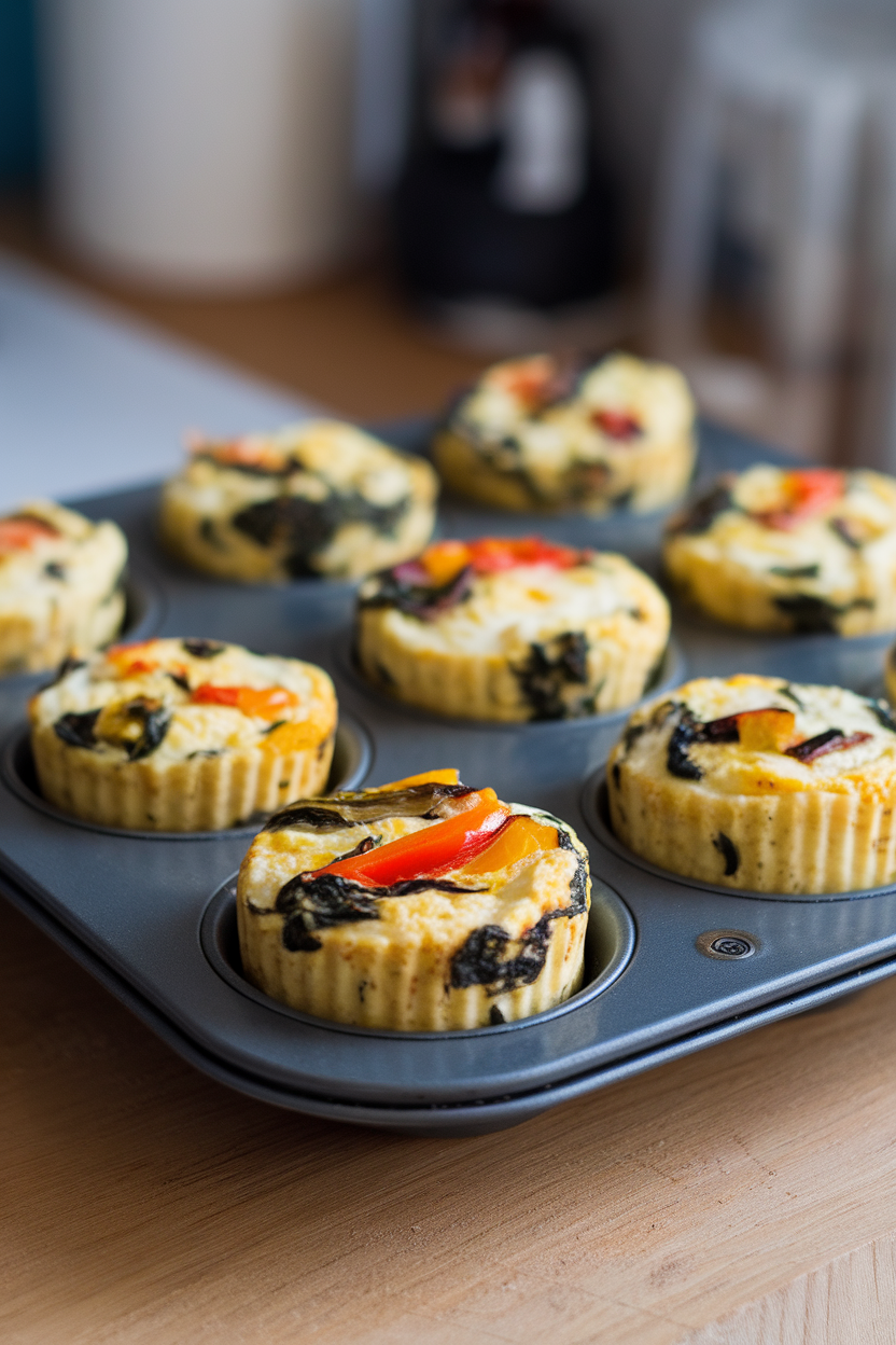 A muffin tin indoors containing baked egg white cups studded with spinach, bell peppers, and onions. Photo, no text or logos.