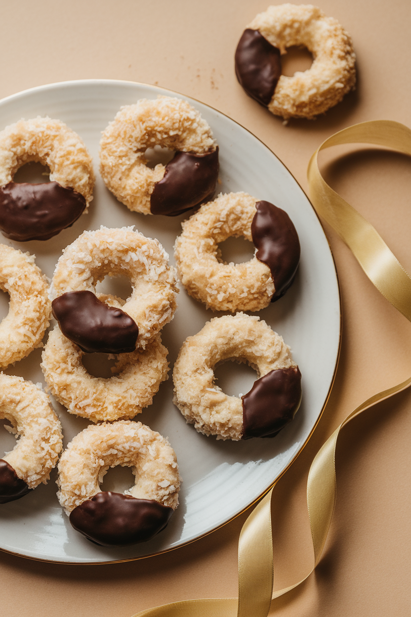 Indoor plate with round coconut macaroons formed as small wreaths, dipped in dark chocolate on one side, festive ribbon nearby. No text or logos.